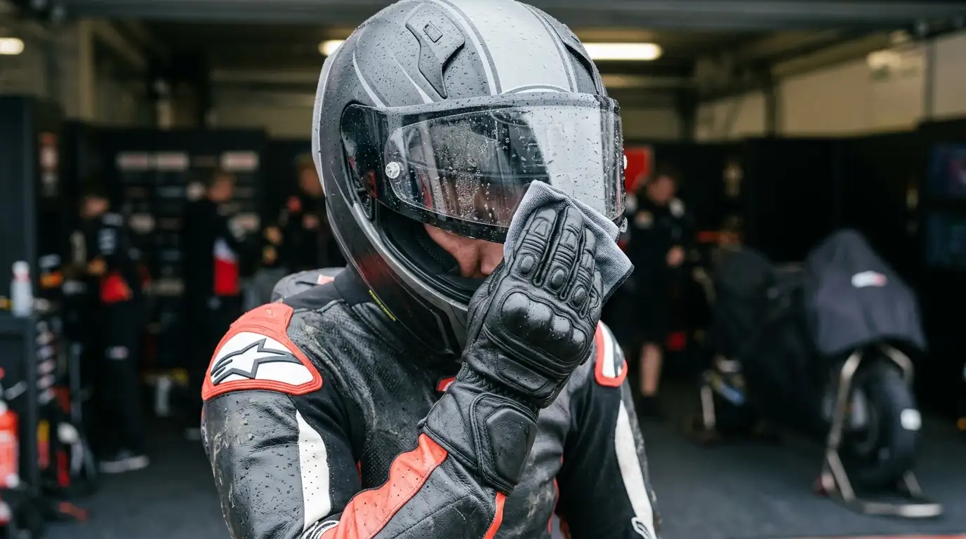 Pilota MotoGP con casco asciuga la visiera dopo una sessione bagnata