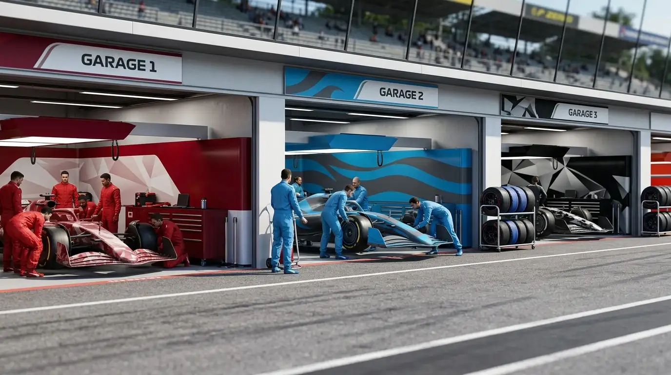 Box delle nuove scuderie F1 2026 Audi Cadillac e Ford in fila ai pit