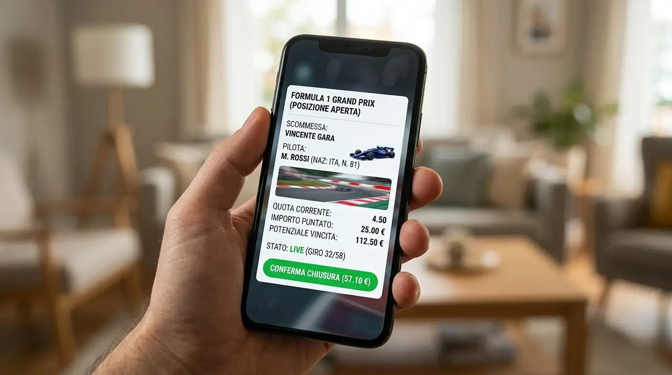 Schermo di app scommesse con pulsante cash out e posizione antepost aperta su pilota F1