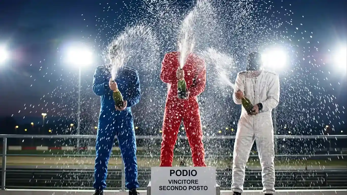 Spruzzo di spumante durante la cerimonia del podio dopo un Gran Premio