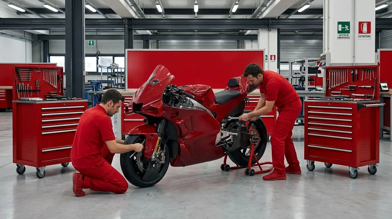 Moto Ducati Desmosedici nel box ufficiale MotoGP con tecnici in preparazione