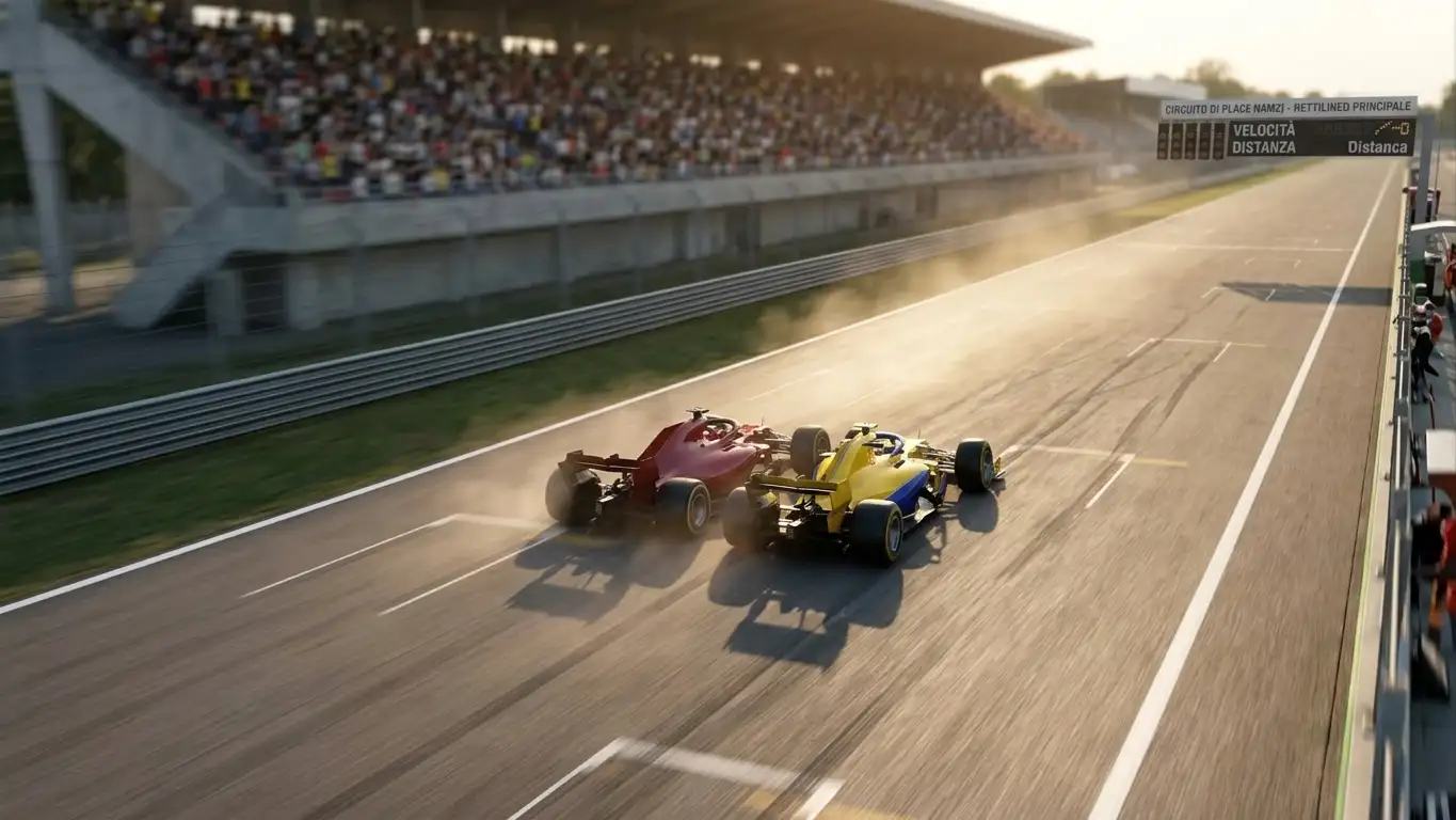 Duello in scia tra due monoposto di Formula 1 sul rettilineo principale