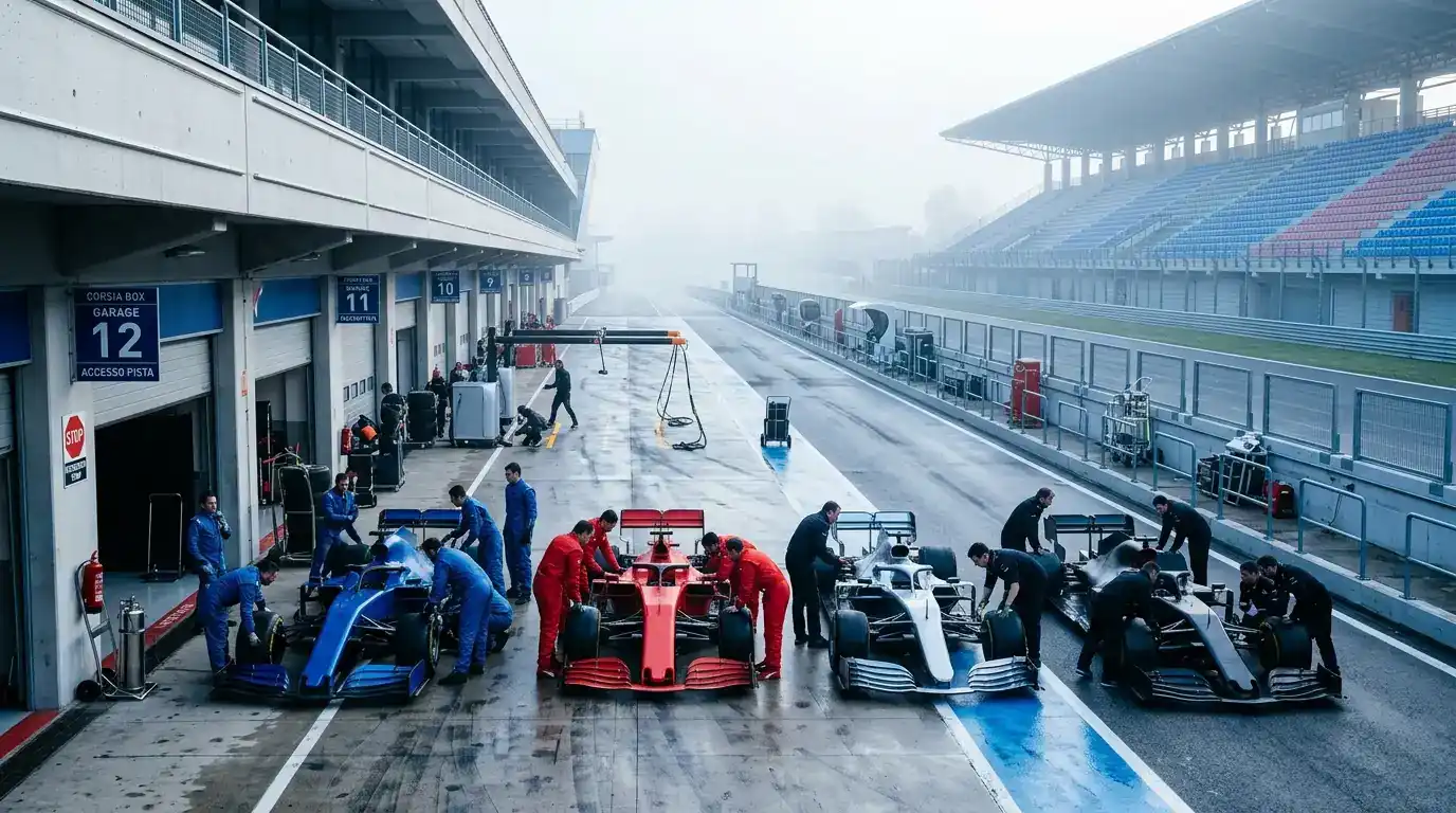 Scuderie F1 ai test pre-stagionali con monoposto in pit lane durante la preparazione