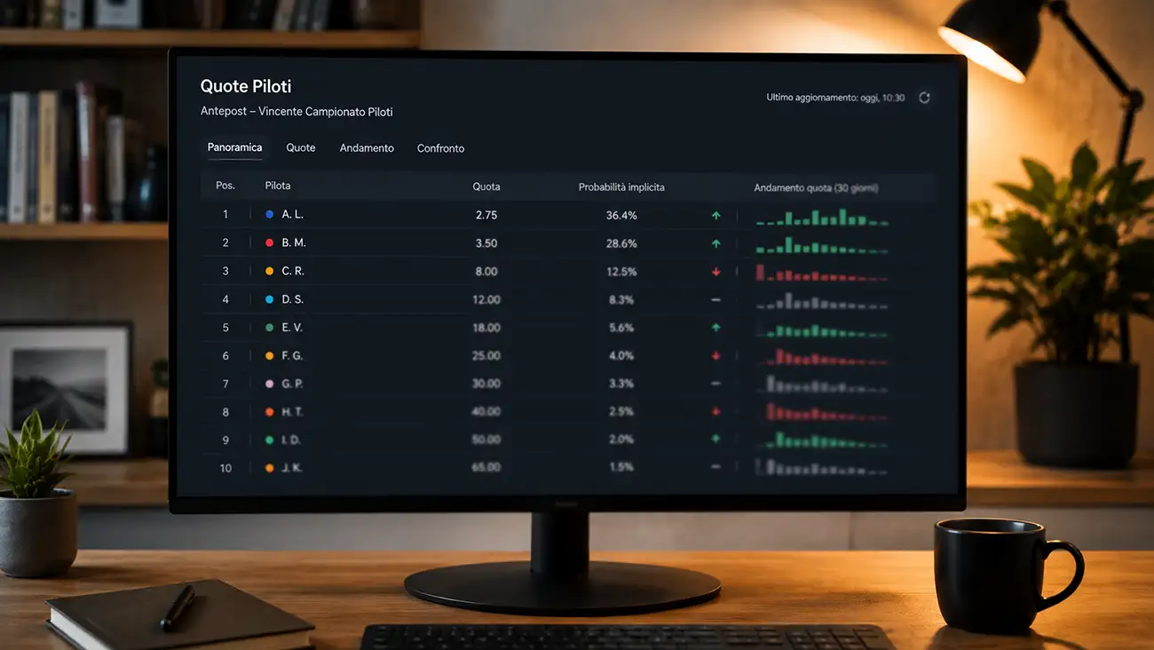 Tabellone quote antepost mondiale piloti F1 con favoriti e outsider della stagione