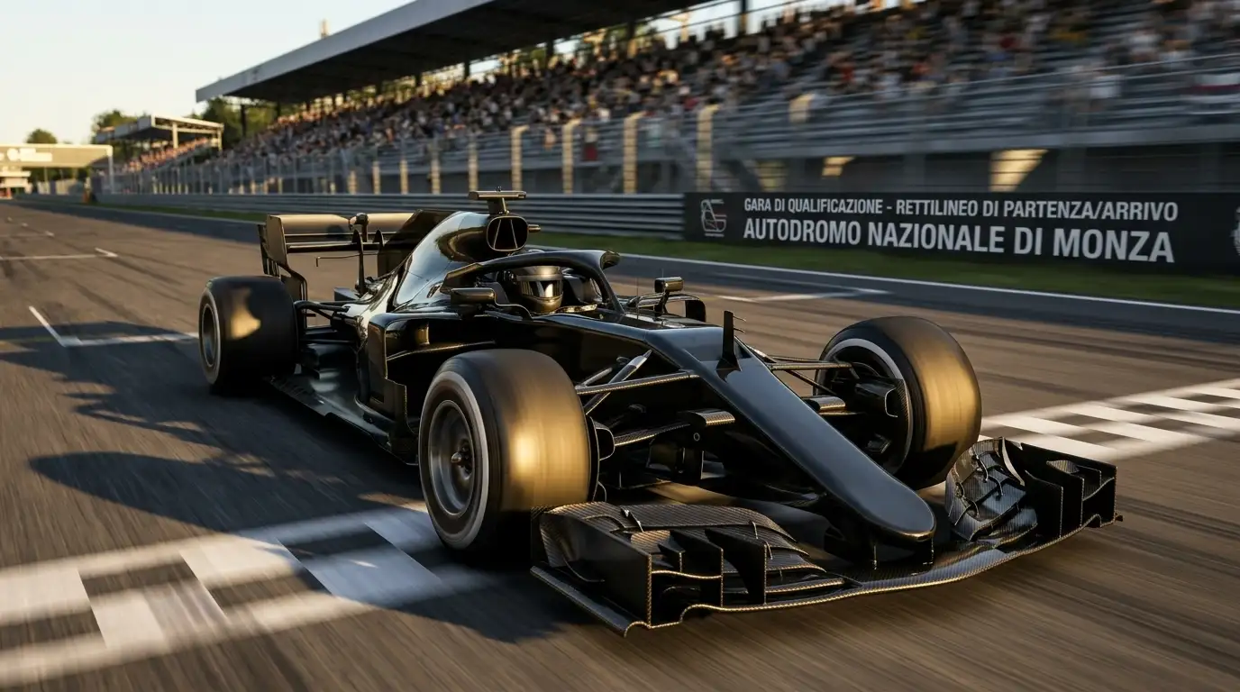 Monoposto F1 in pista durante una sessione di qualifica con bandiera a scacchi al traguardo