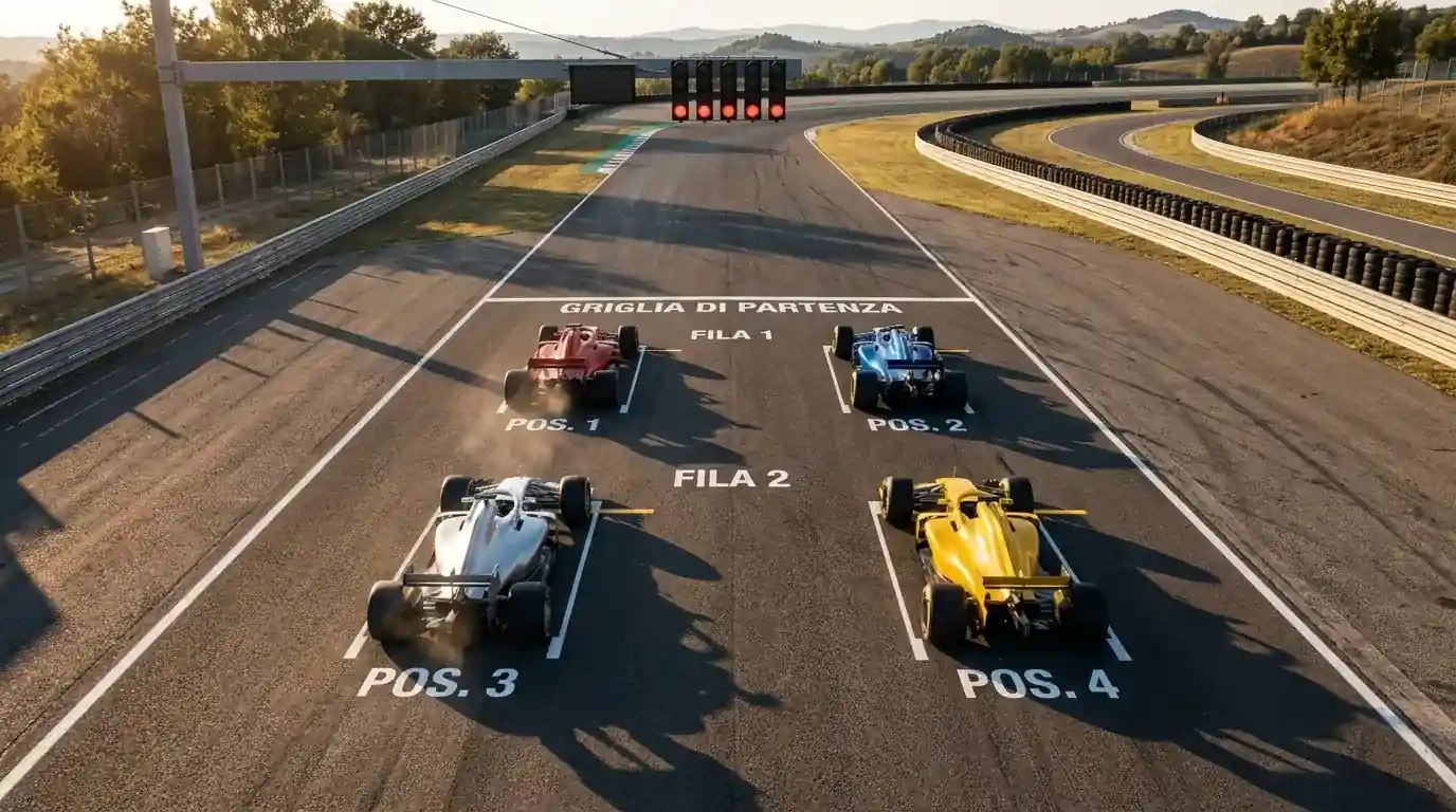Griglia di partenza di un Gran Premio di Formula 1 con monoposto in pole position