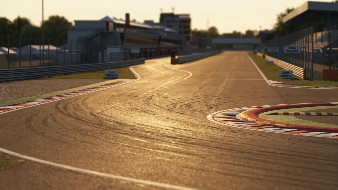 Asfalto del circuito con curve illuminate dal sole del tardo pomeriggio