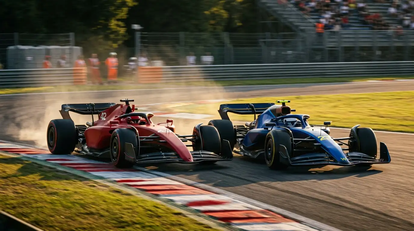 Due monoposto F1 affiancate in curva durante una manovra di sorpasso al vertice della classifica
