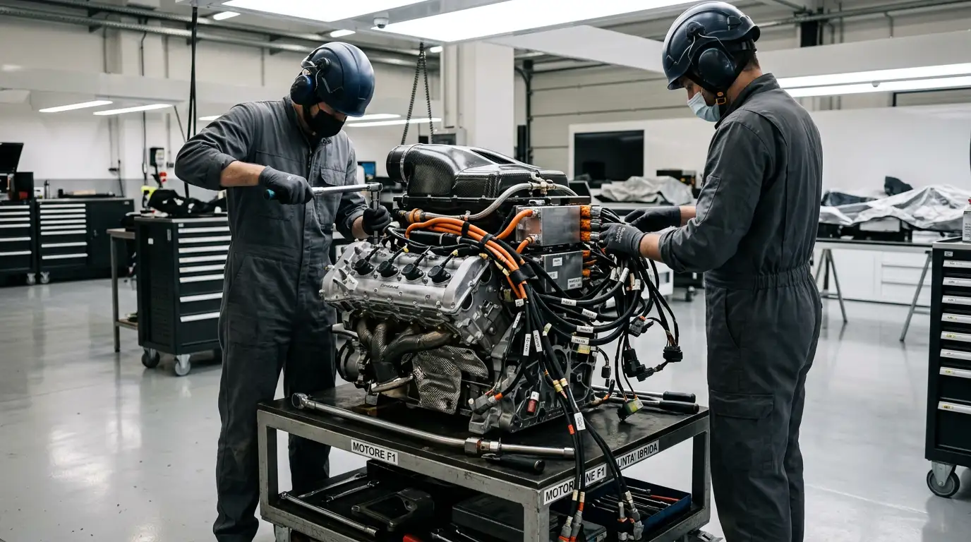 Power unit ibrida di Formula 1 in officina con meccanici al lavoro