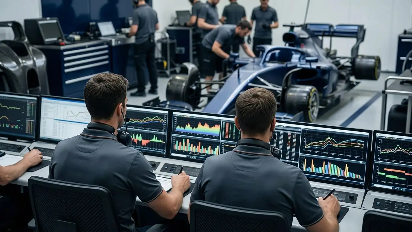 Ingegneri della scuderia F1 al lavoro nel box con la monoposto durante il weekend di gara