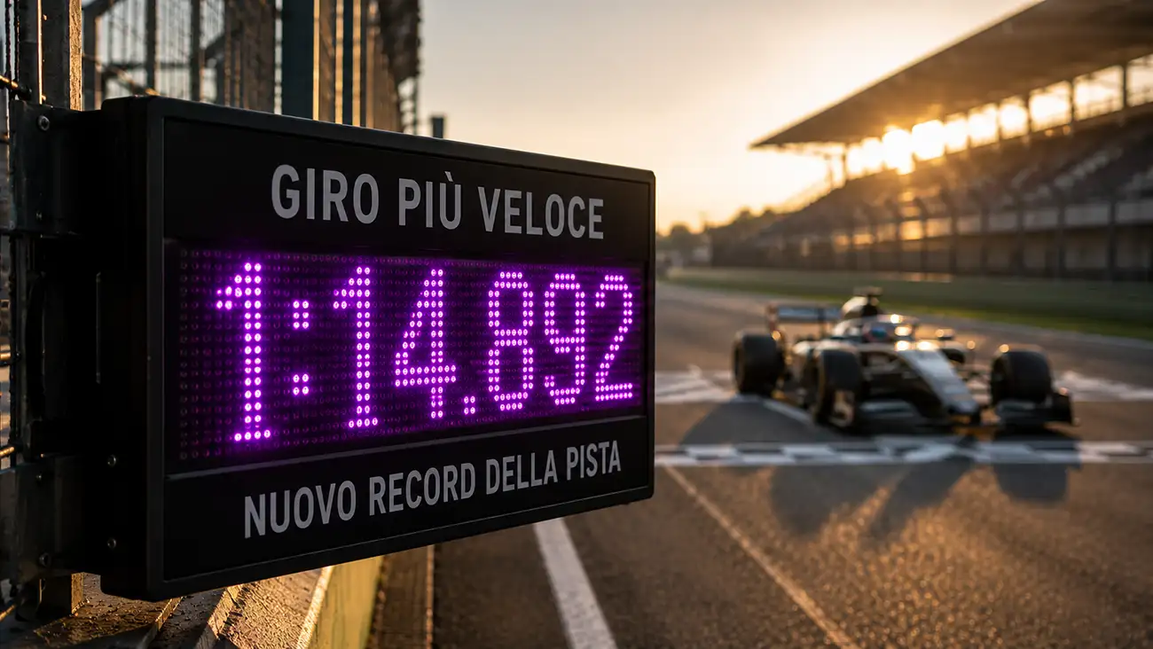 Cronometro digitale a bordo pista che segna il giro veloce di un Gran Premio di Formula 1