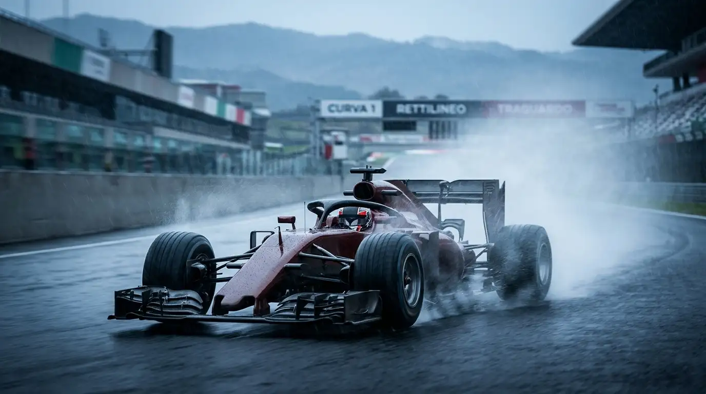 Monoposto di Formula 1 che solleva spray d'acqua in condizioni di pista bagnata