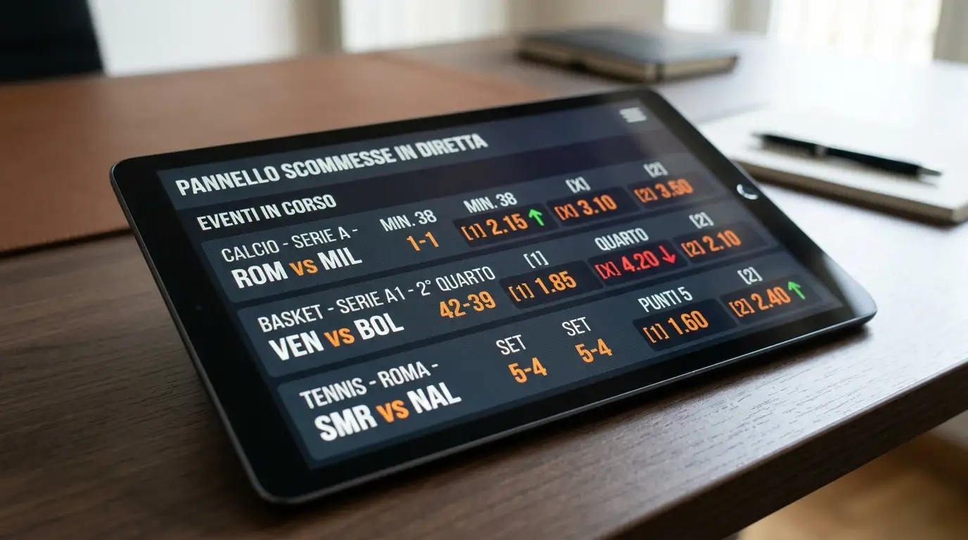Tabellone di quote in-play che si aggiornano in tempo reale durante una gara motorsport