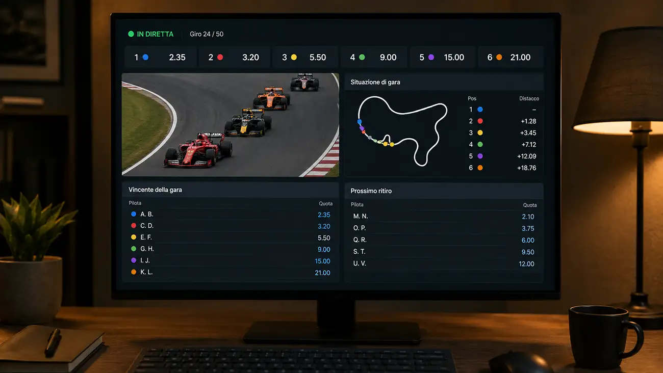 Schermo con quote live in tempo reale durante un Gran Premio di Formula 1