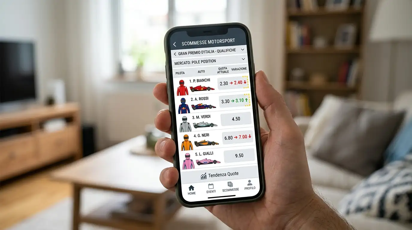 Smartphone che mostra l'aggiornamento delle quote pole position sul palinsesto motori