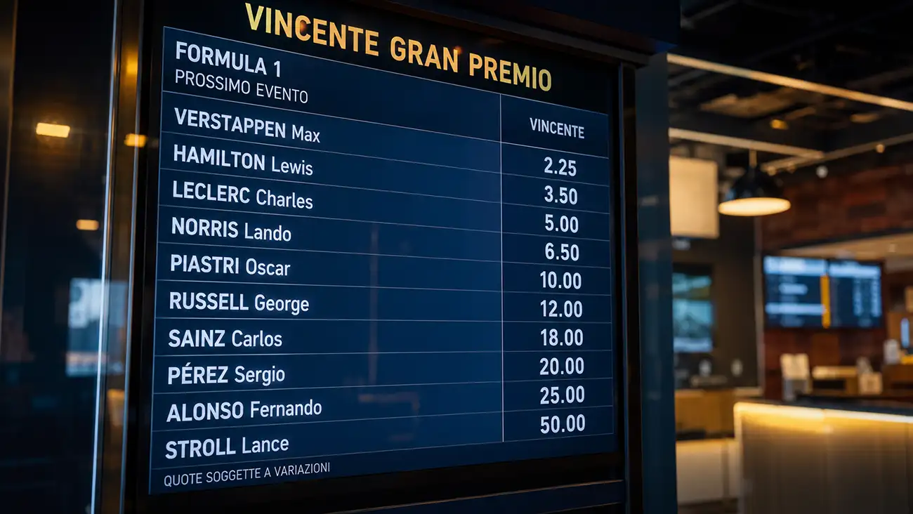 Tabellone digitale con quote del mercato Vincente Gran Premio in agenzia di scommesse