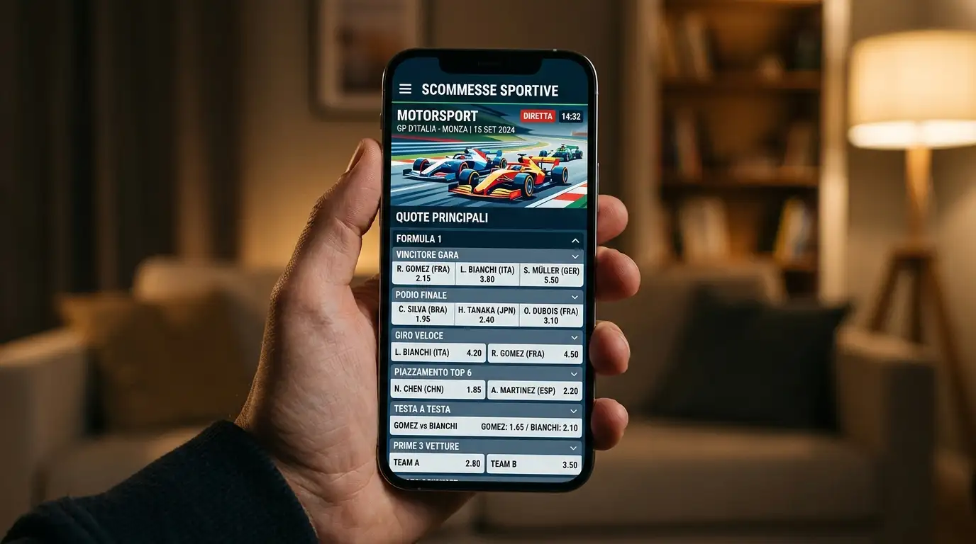 Smartphone con app scommesse aperta sul palinsesto motorsport e quote in tempo reale