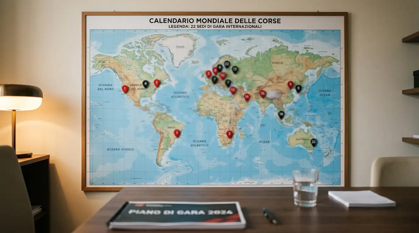 Cartina del calendario MotoGP 2026 con i 22 Gran Premi distribuiti su cinque continenti