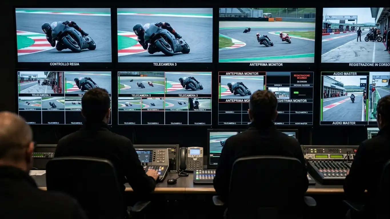 Schermo broadcast MotoGP con telecamere e regia di produzione televisiva durante una gara