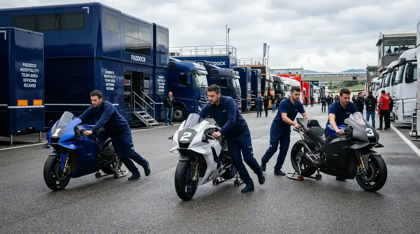 Vista del paddock MotoGP con motoveicoli in fila e ambiente di gestione commerciale