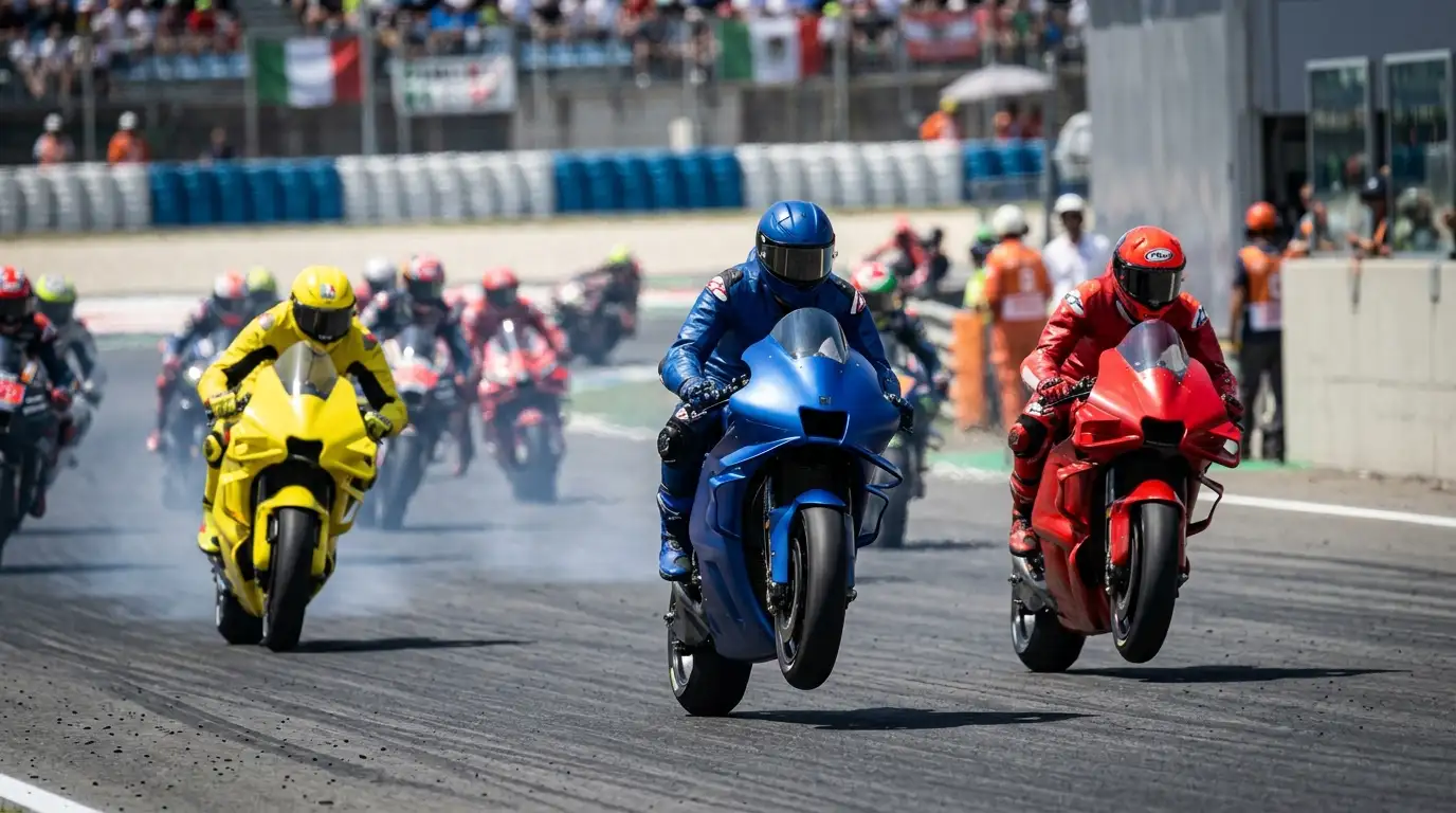 Partenza della Sprint Race MotoGP del sabato con piloti che sgasano in griglia