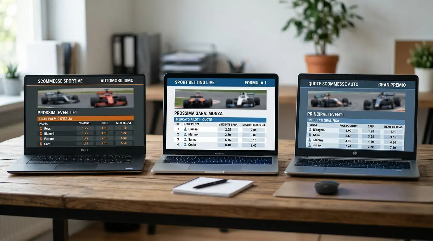 Confronto tra palinsesti motorsport di diversi bookmaker italiani su monitor multipli
