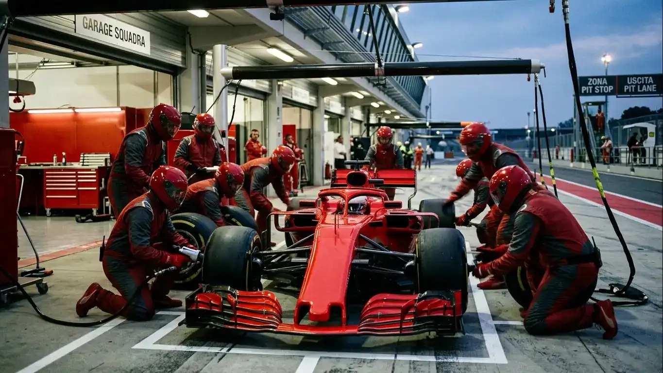 Pit stop F1 con meccanici che cambiano le gomme alla monoposto in pochi secondi