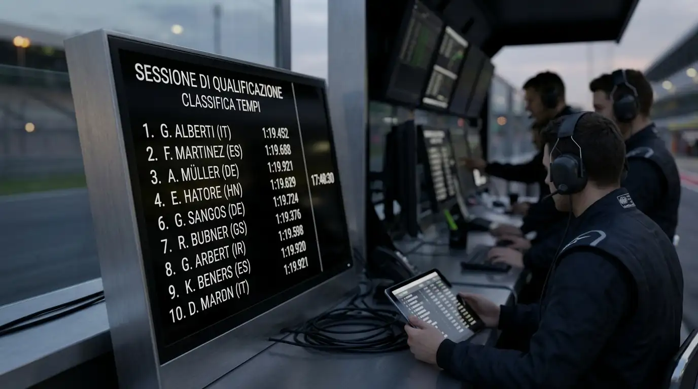 Cronometro in pit wall durante le qualifiche di un Gran Premio
