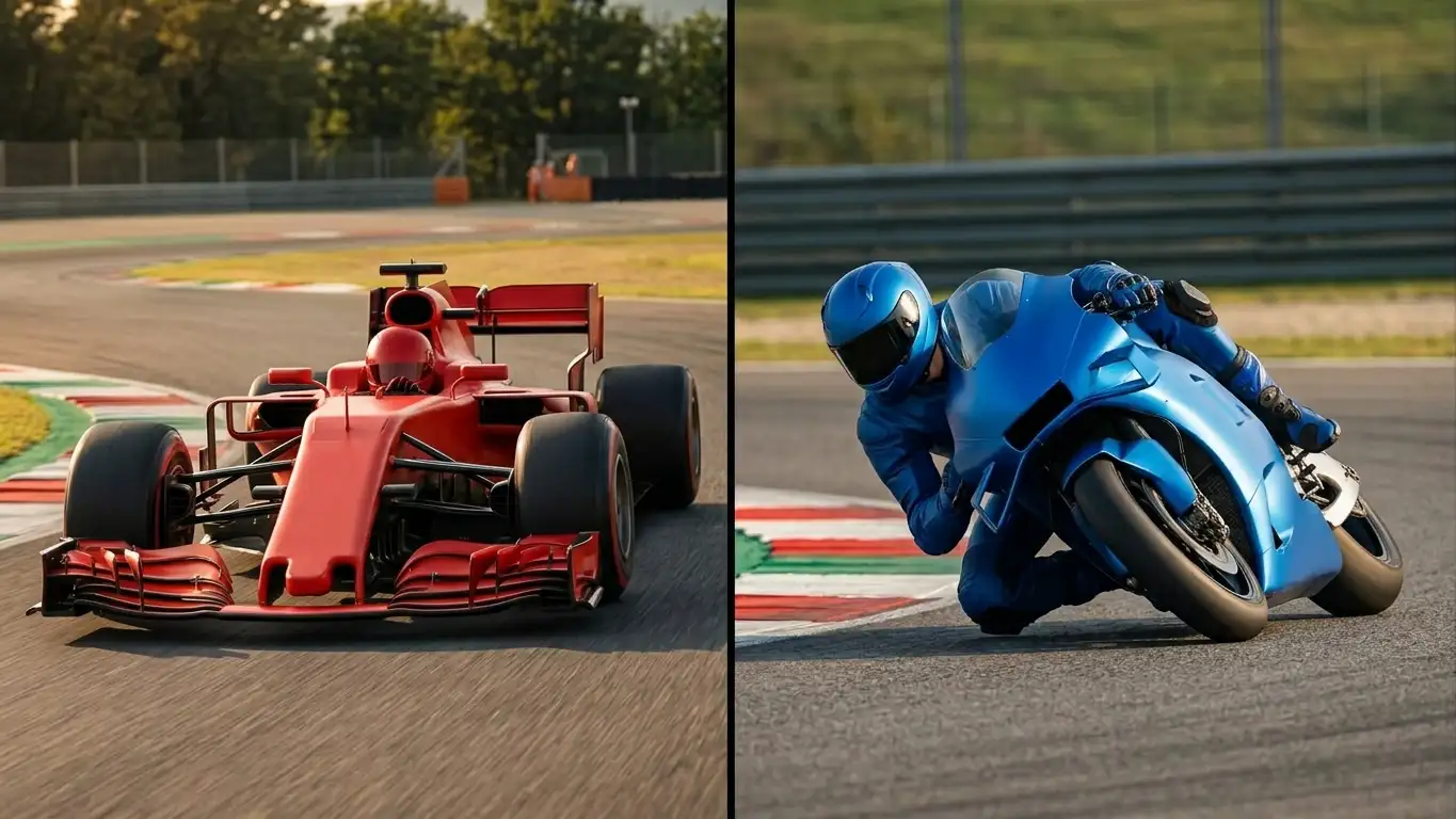 Monoposto di F1 e moto di MotoGP in due immagini affiancate su circuito