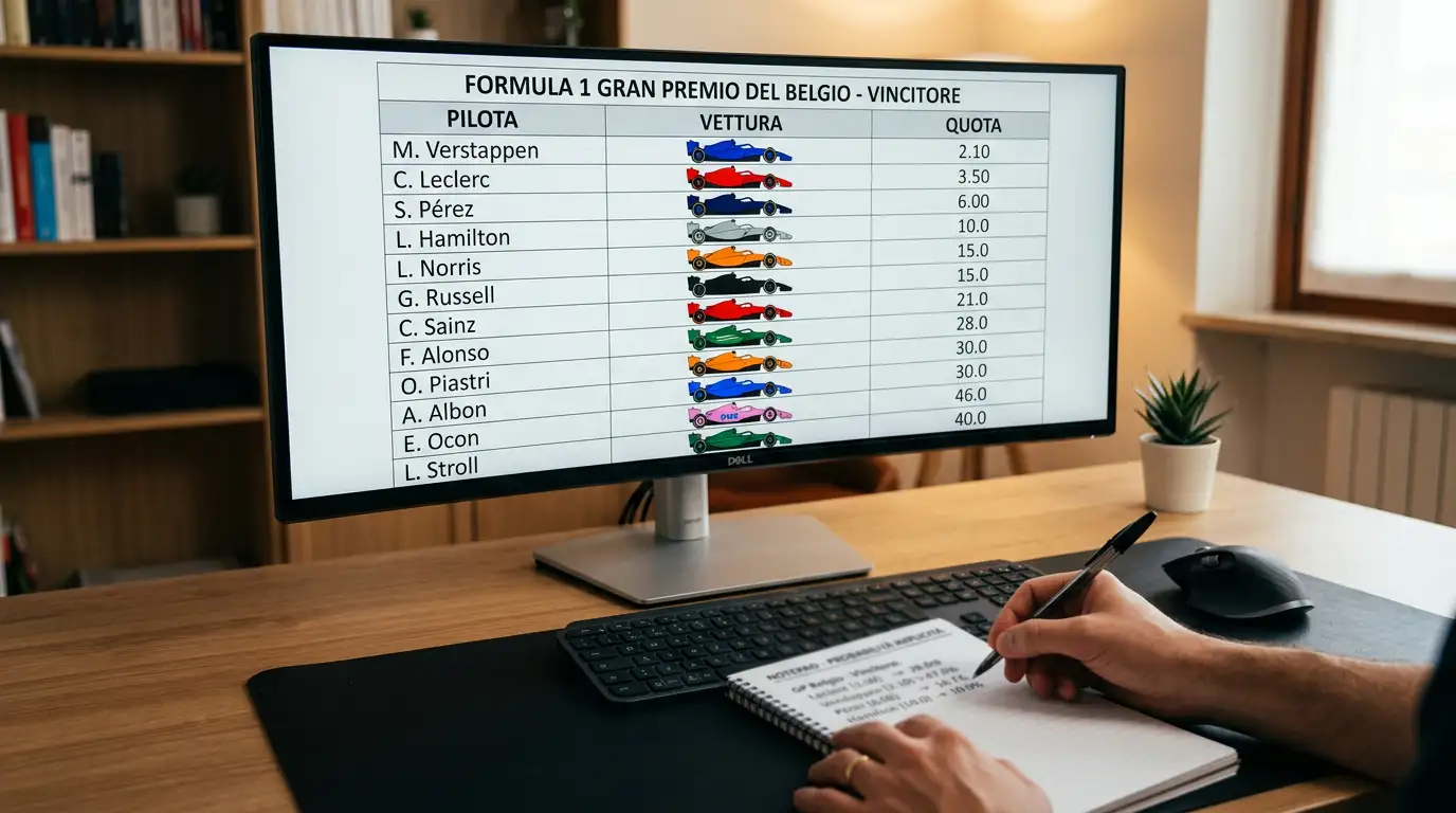 Schermo di analisi con quota Vincente F1 e calcolo dell'overround del bookmaker