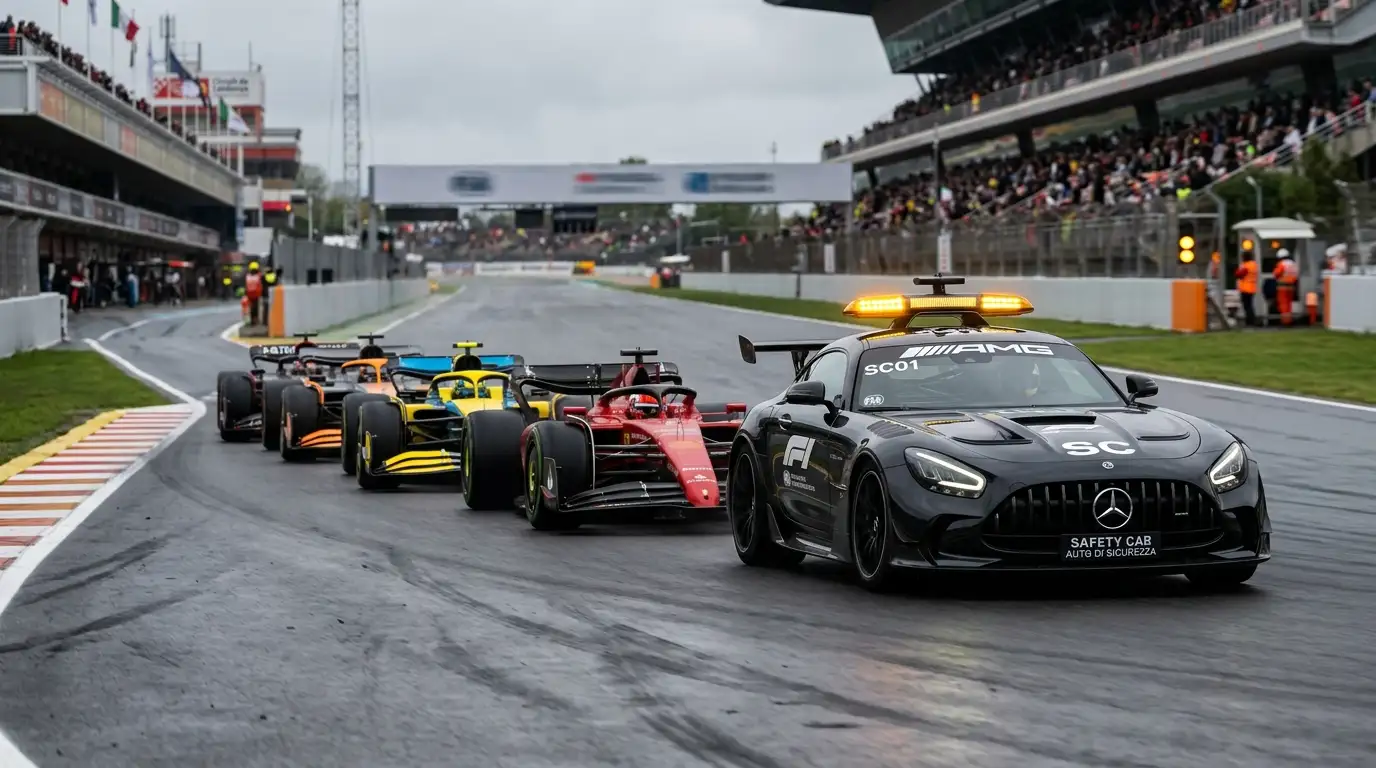 Safety Car ufficiale in pista davanti al gruppo di monoposto F1 sotto regime di neutralizzazione