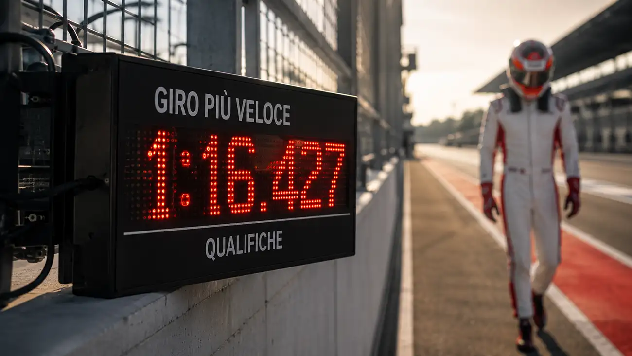 Pilota in tuta durante una sessione di qualifica con cronometro digitale in primo piano