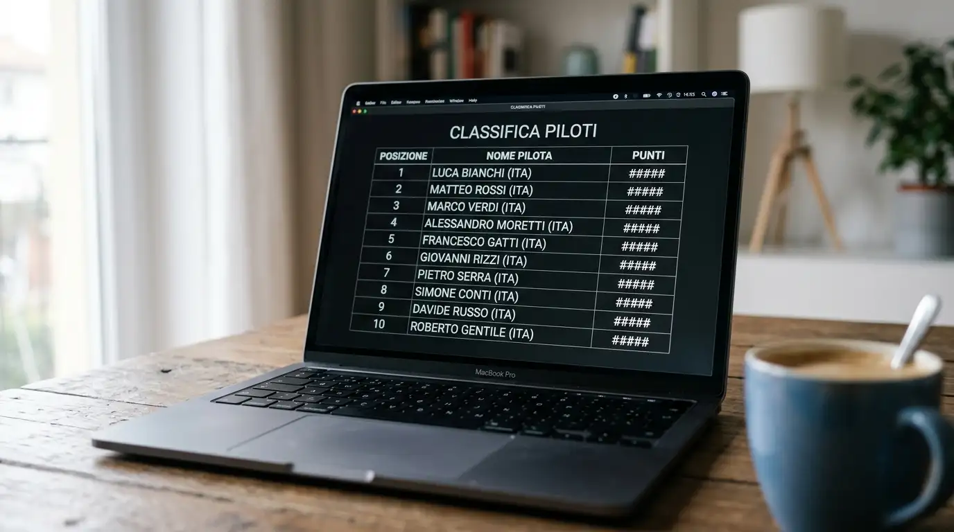 Laptop con tabella di statistiche storiche head-to-head tra piloti