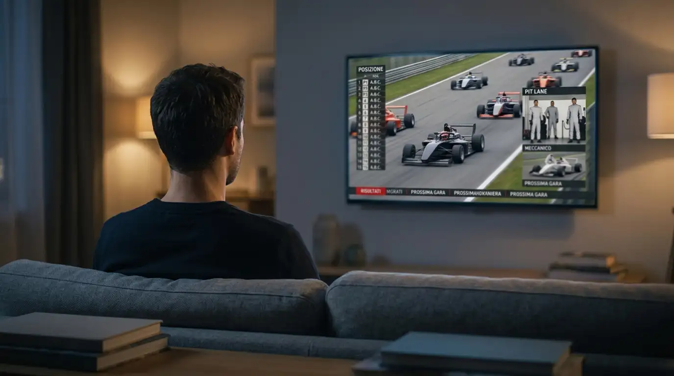 Spettatore davanti a uno schermo TV con il feed streaming in ritardo rispetto al live