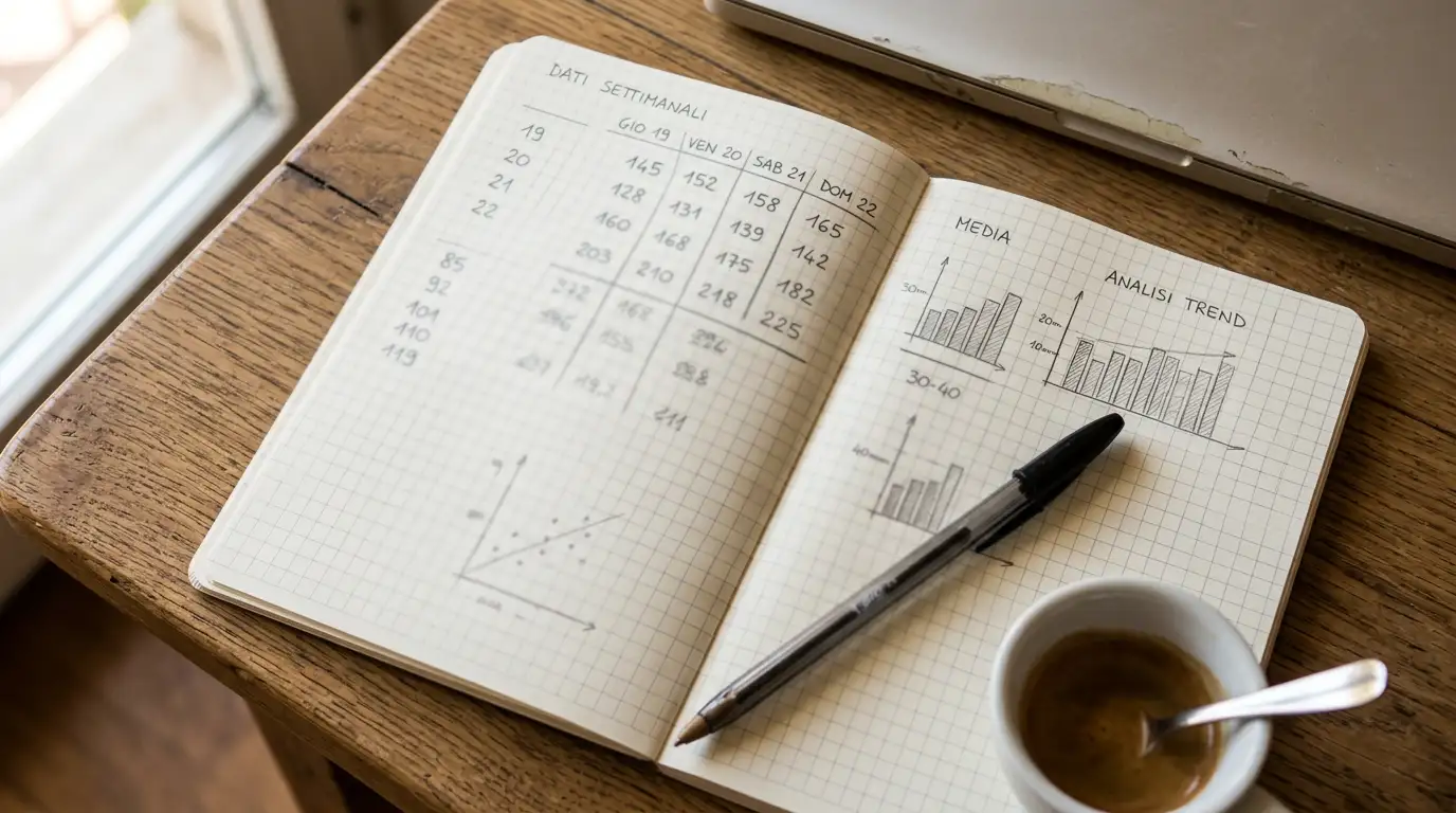 Persona che analizza quote antepost su un quaderno con calcoli di probabilità reale