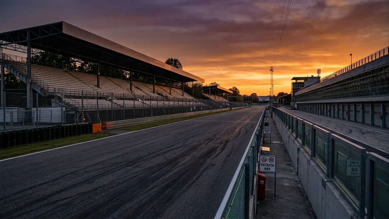 Rettilineo principale di un circuito di Formula 1 al tramonto