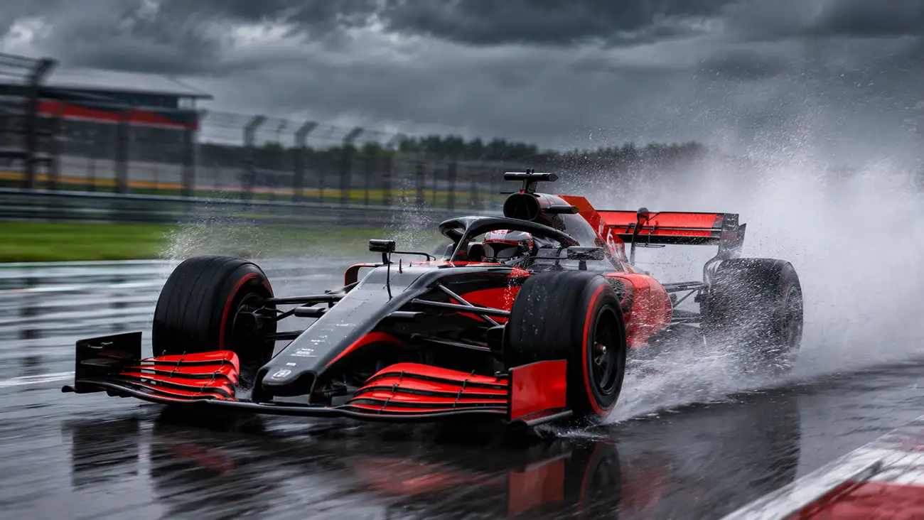 Monoposto F1 sotto la pioggia con spruzzi di acqua sul rettilineo durante un Gran Premio bagnato